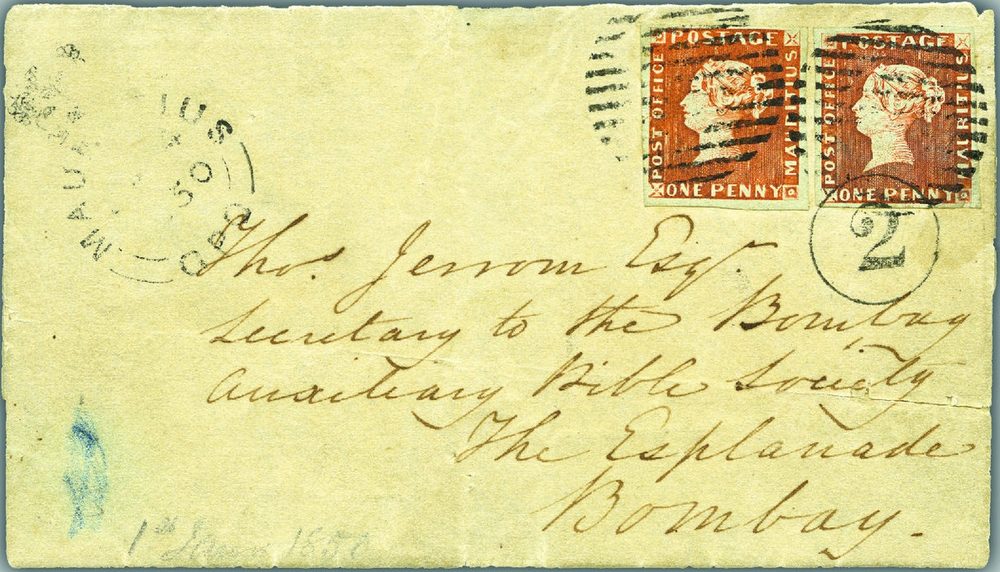 1847 Mauritius Bombay Cover (1d + 1d on cover)